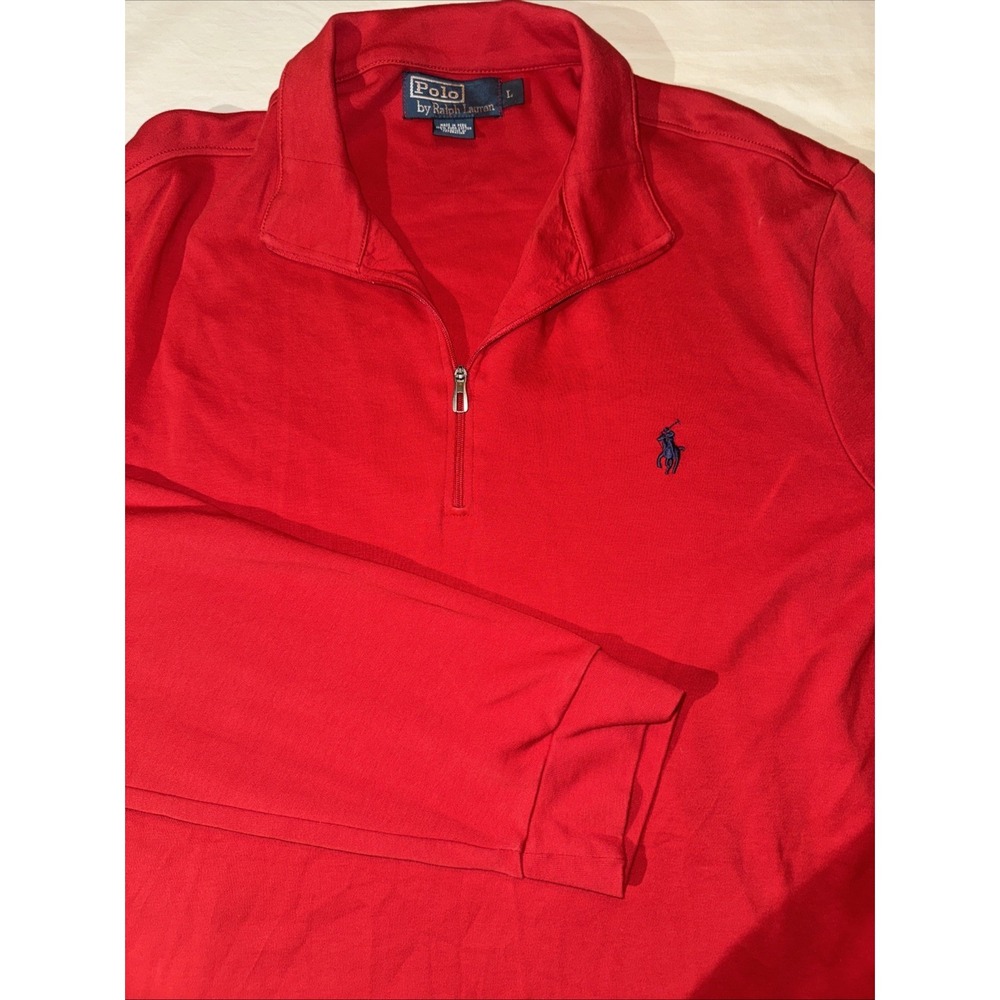 POLO Ralph Lauren 1/4 Zip Knit Sweater Red w/Navy Pony 100% Cotton Sz. Large